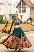 Captivating Green Printed Cotton Navratri Lehenga Choli With Dupatta