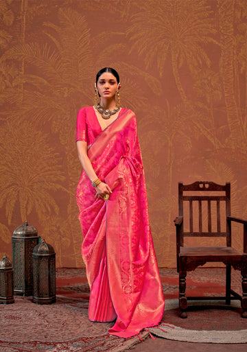 Pink Handloom Weaving Silk Saree with Matching Silk Blouse