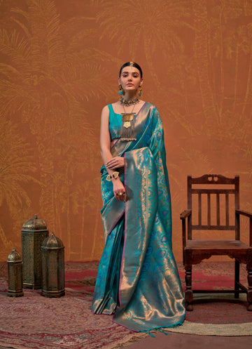 Turquoise Blue Handloom Weaving Silk Saree with Silk Blouse