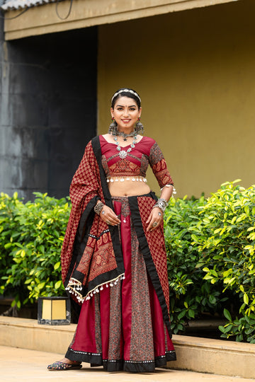 Maroon Cotton Flared Rajwadi Navratri Lehenga Choli