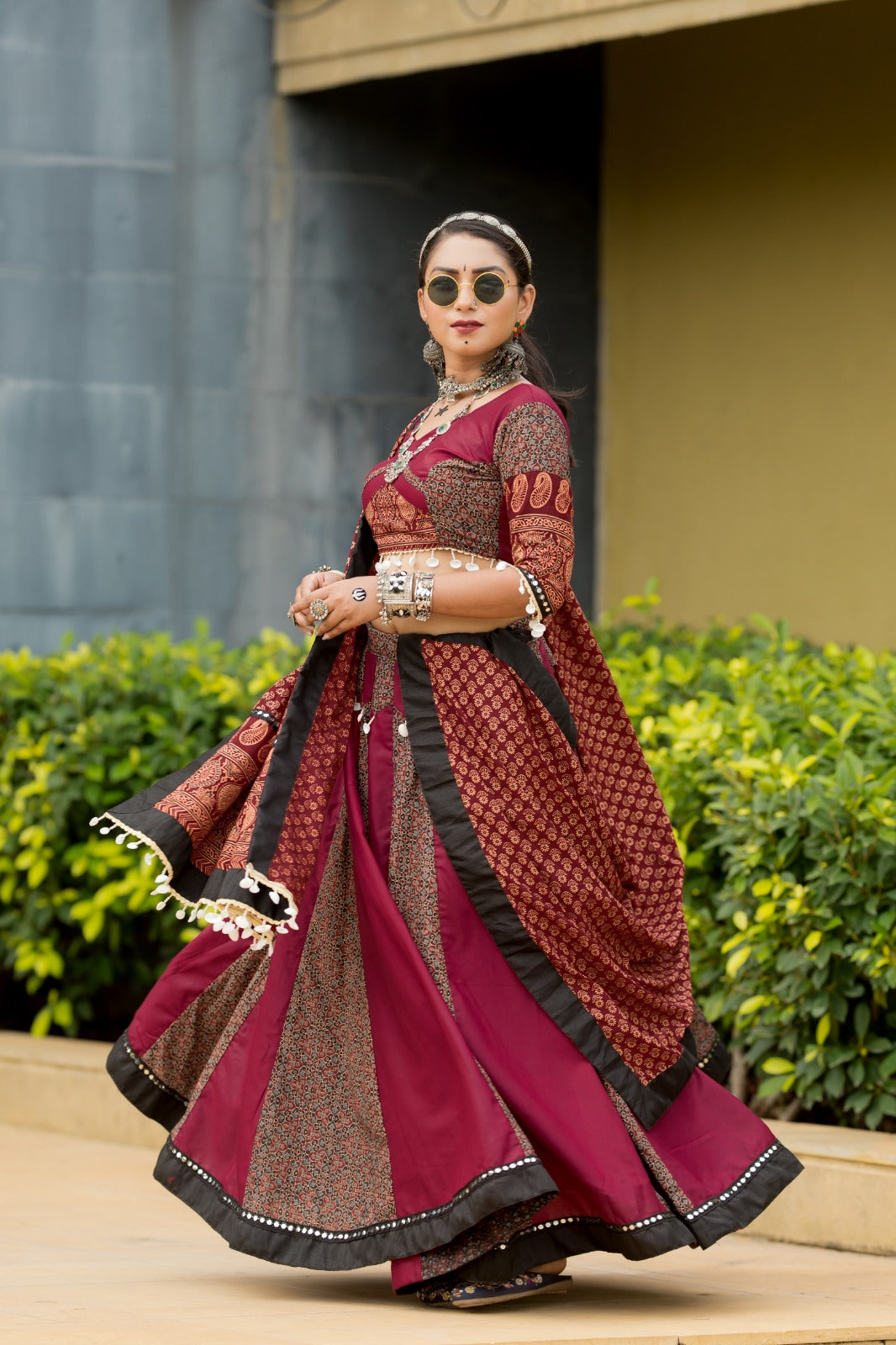 Maroon Cotton Flared Rajwadi Navratri Lehenga Choli