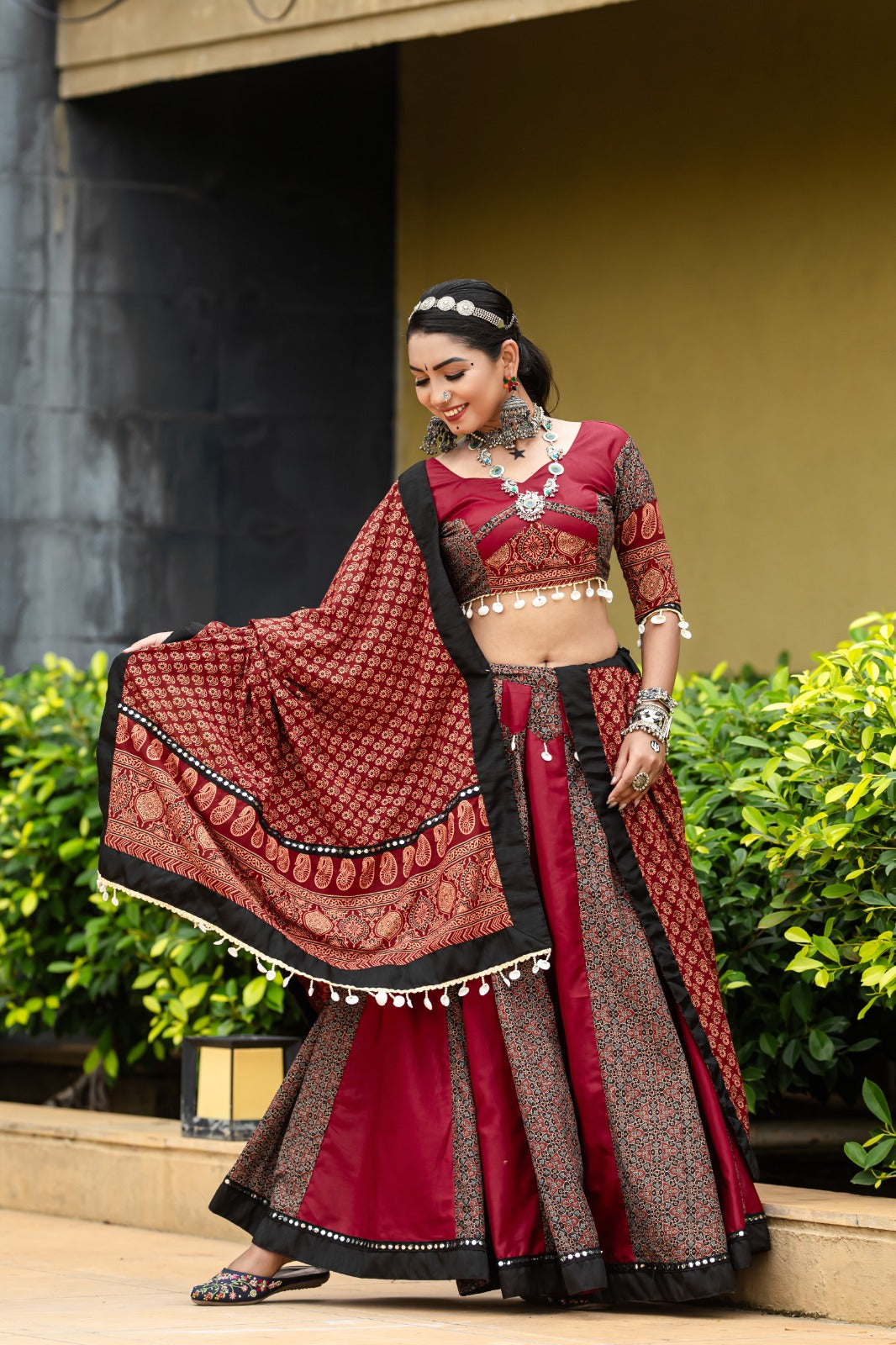 Maroon Cotton Flared Rajwadi Navratri Lehenga Choli