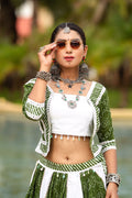 Green and White Flared Rajwadi Navratri Lehenga Choli