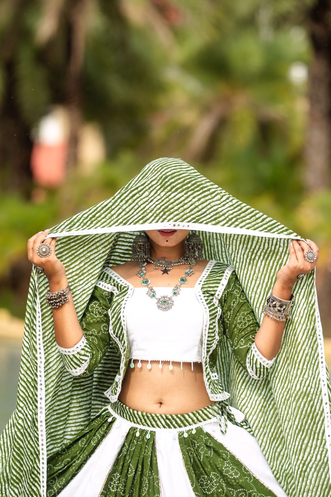 Green and White Flared Rajwadi Navratri Lehenga Choli