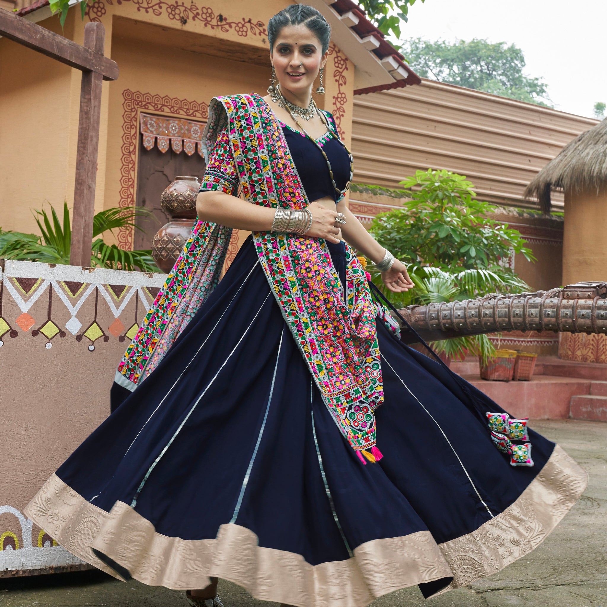 Navy Blue Mirror Work Chaniya Choli with Viscose Rayon Dupatta for Navratri