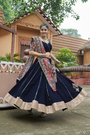 Navy Blue Mirror Work Chaniya Choli with Viscose Rayon Dupatta for Navratri