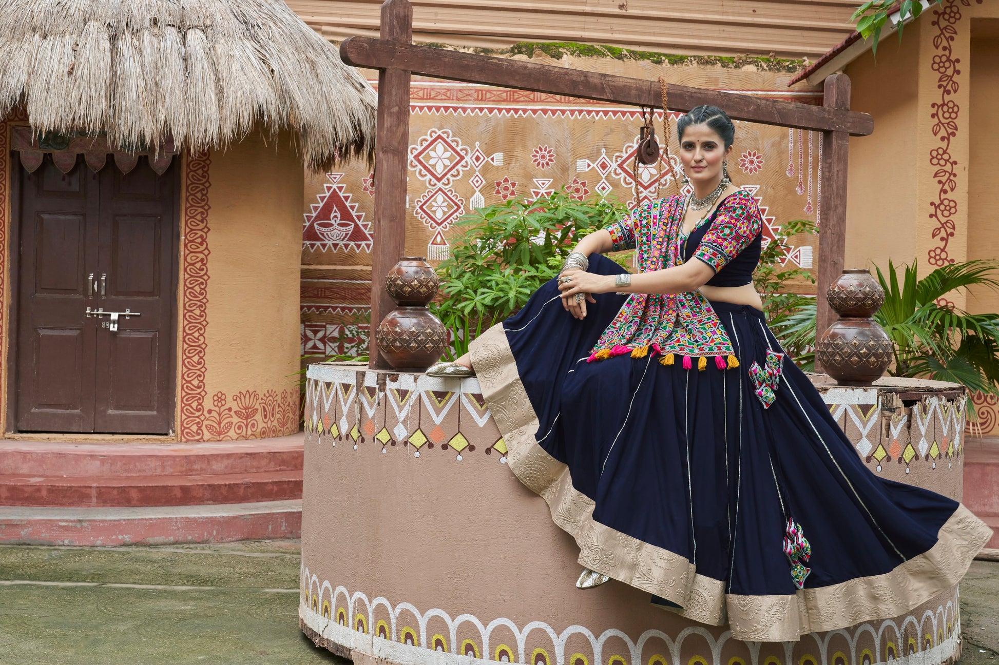 Navy Blue Mirror Work Chaniya Choli with Viscose Rayon Dupatta for Navratri