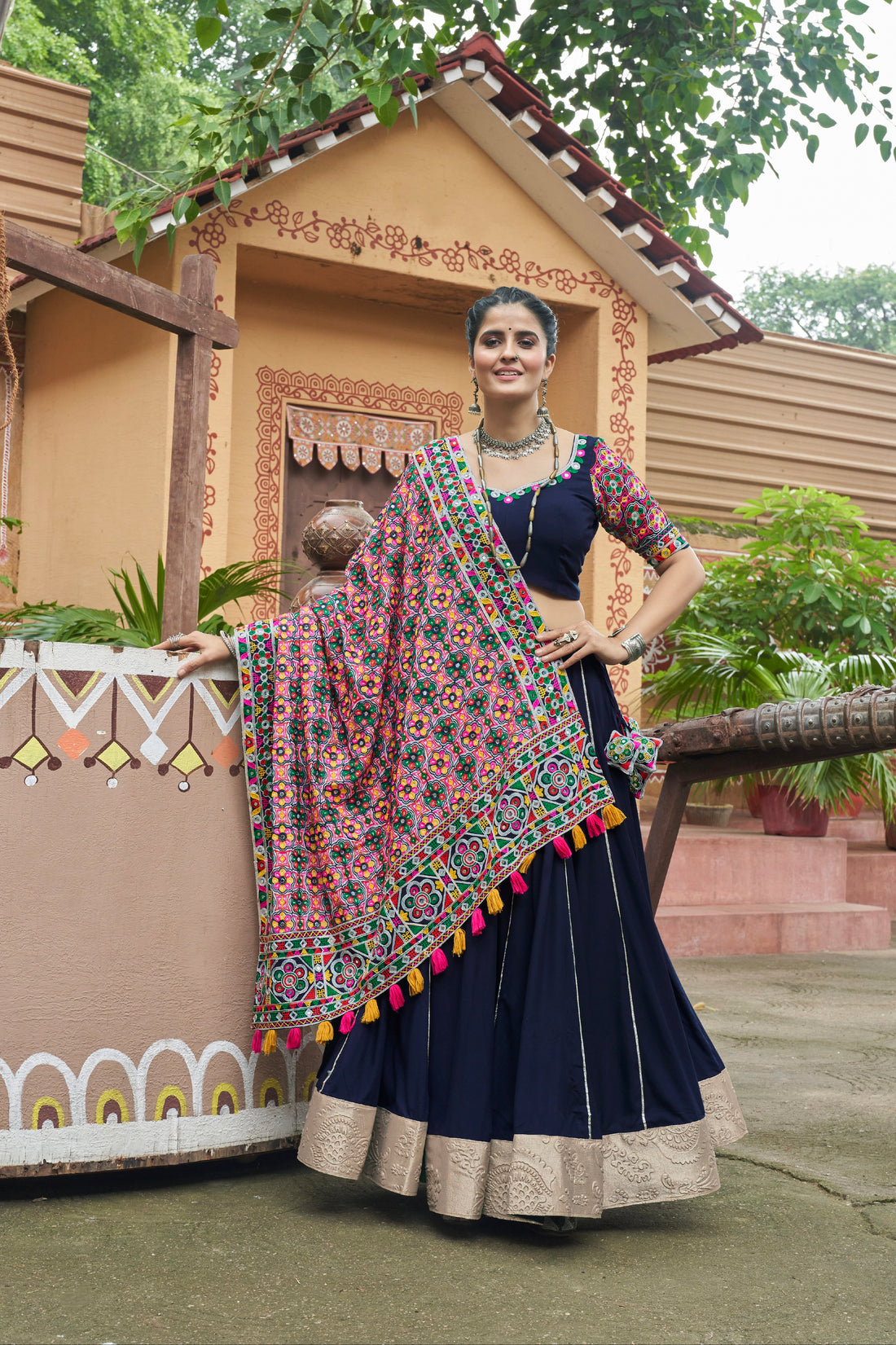 Navy Blue Mirror Work Chaniya Choli with Viscose Rayon Dupatta for Navratri