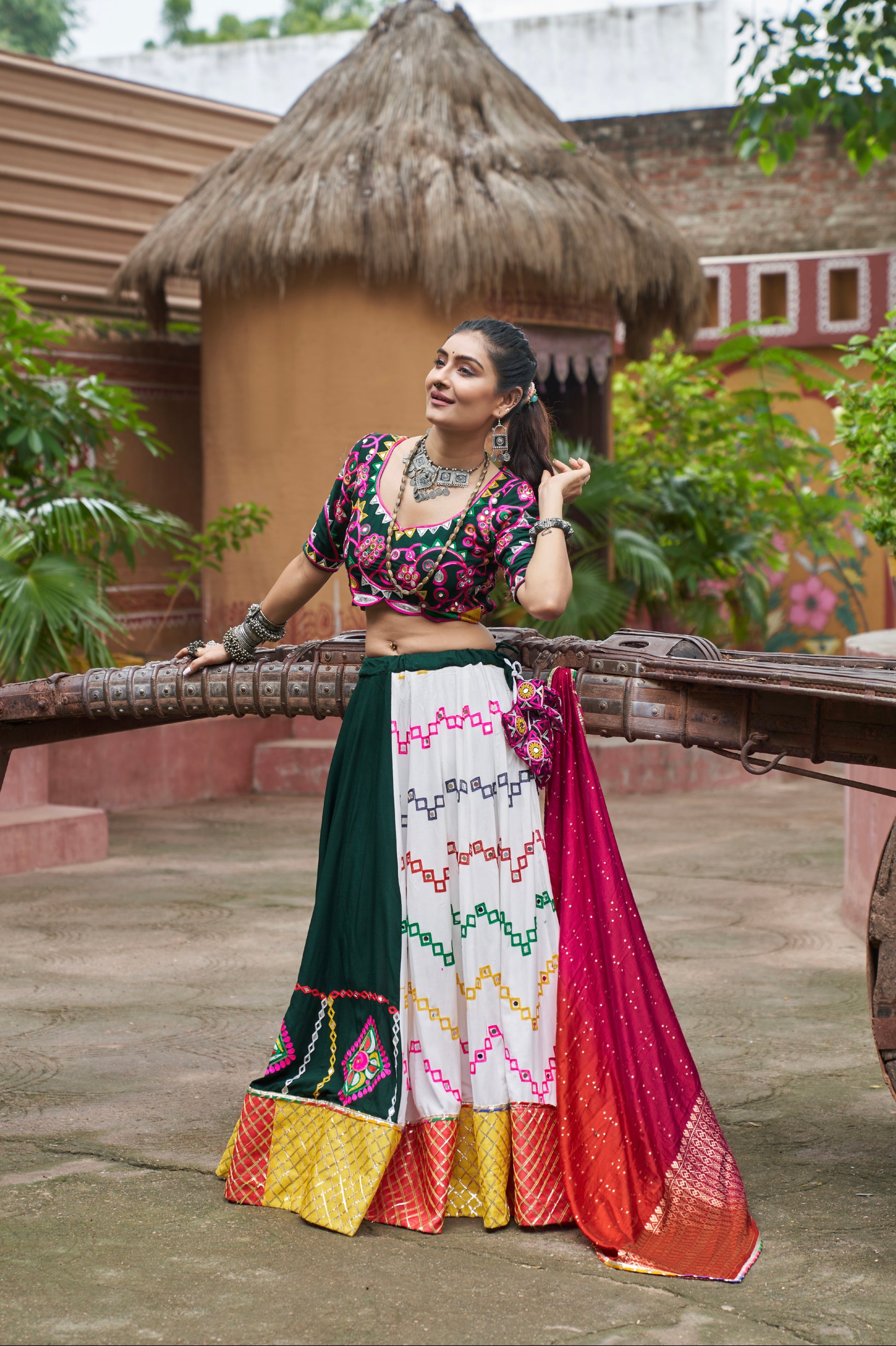 Multi Color Chaniya Choli with Embroidered Mirror Work & Dupatta for Navratri