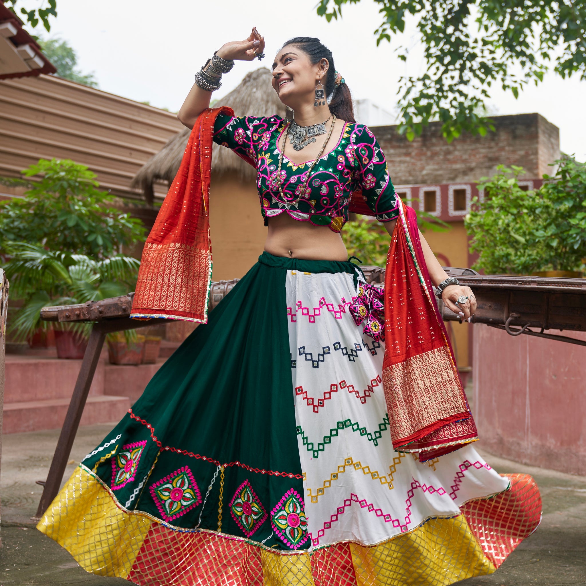 Multi Color Chaniya Choli with Embroidered Mirror Work & Dupatta for Navratri