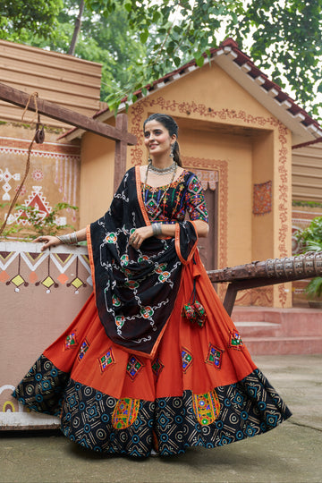 Orange Mirror Work Chaniya Choli with Viscose Rayon Dupatta for Navratri