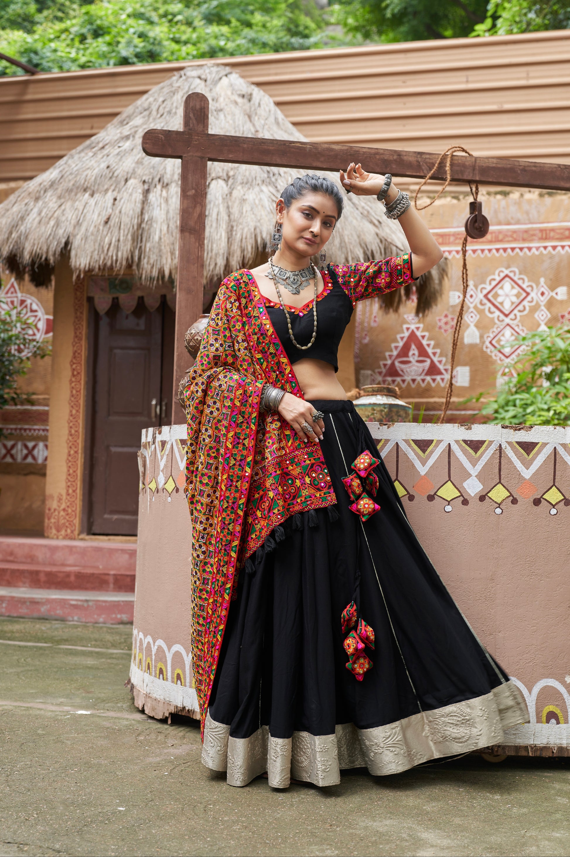 Black Mirror Work Chaniya Choli with Viscose Rayon Dupatta for Navratri