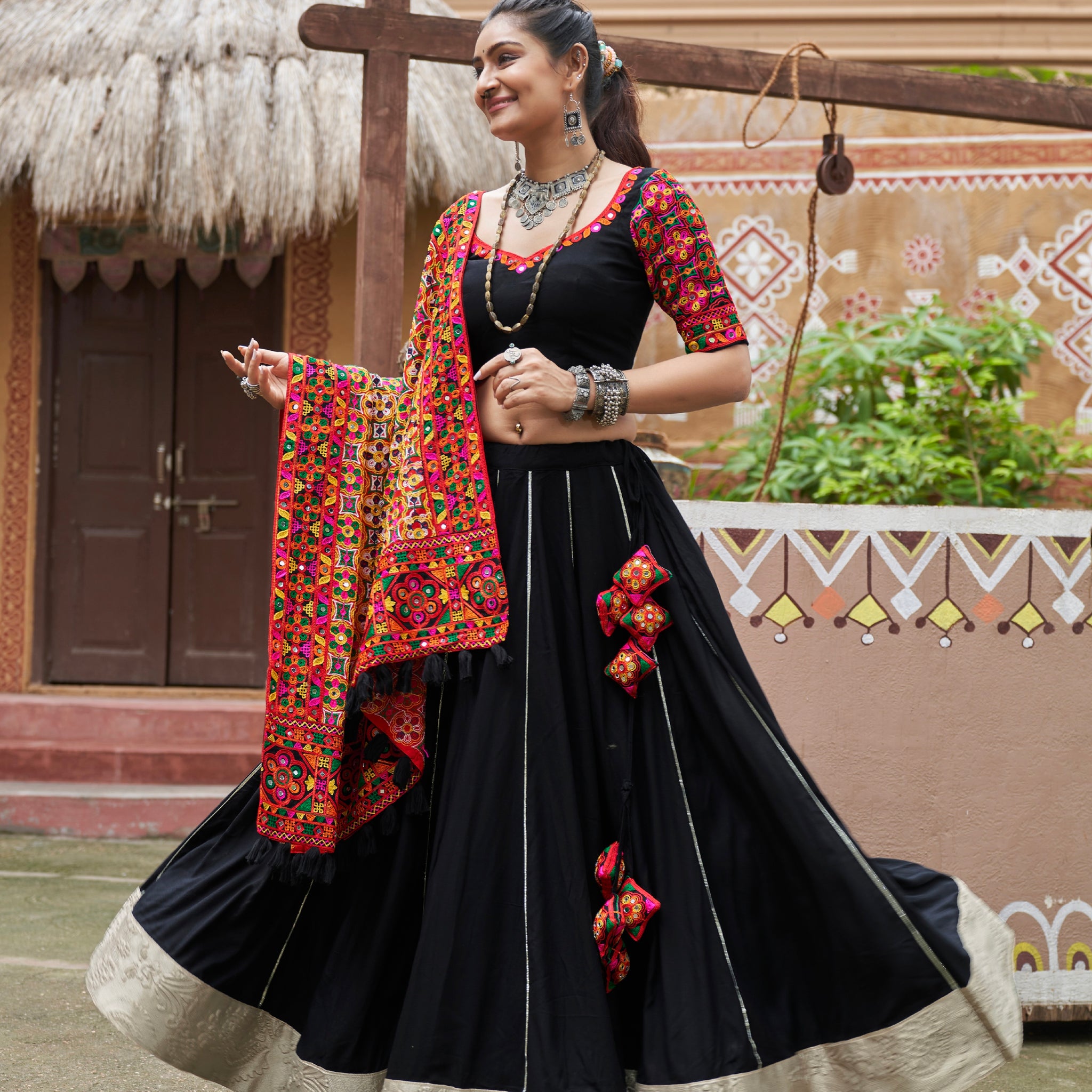 Black Mirror Work Chaniya Choli with Viscose Rayon Dupatta for Navratri