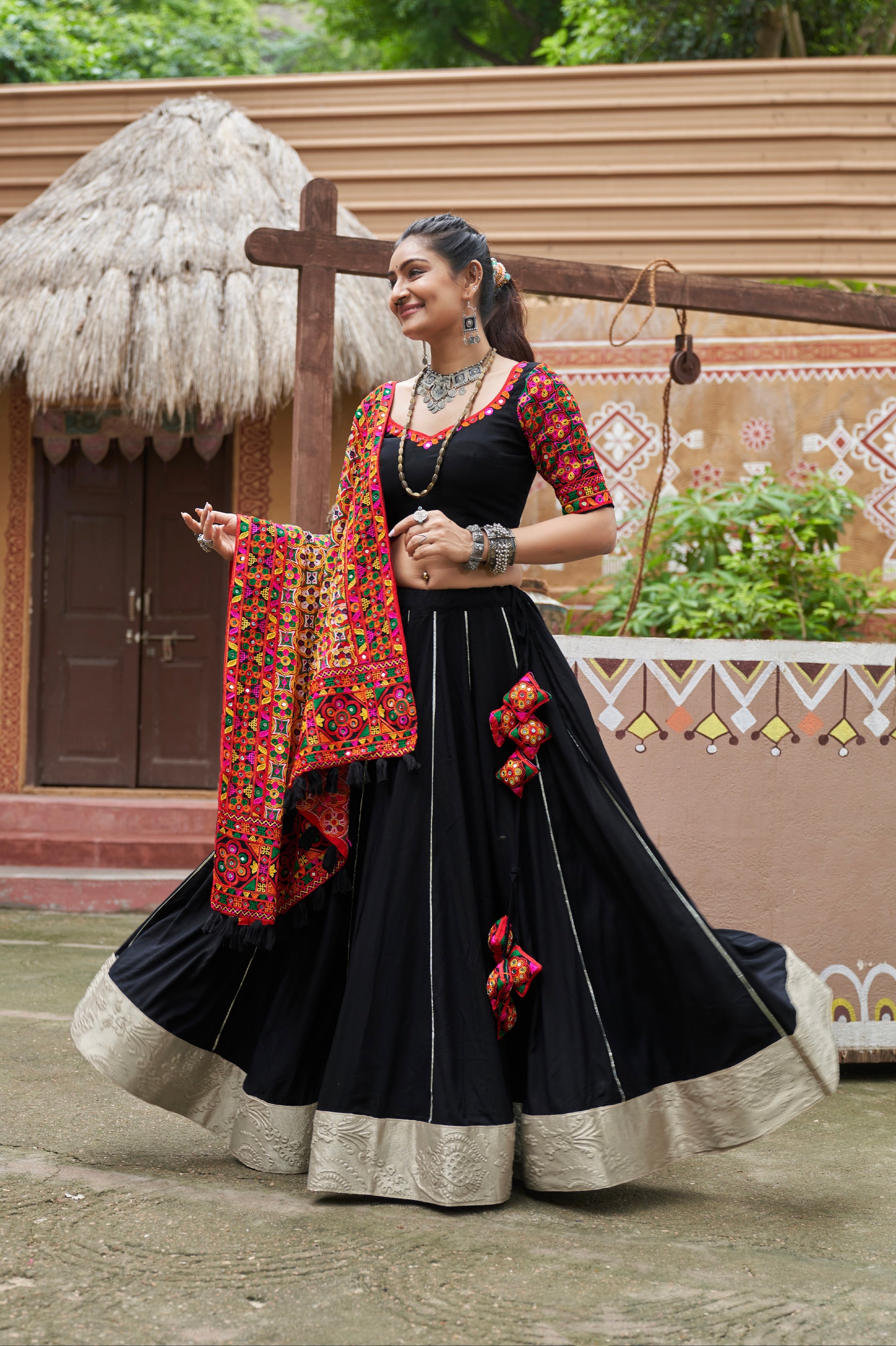 Black Mirror Work Chaniya Choli with Viscose Rayon Dupatta for Navratri