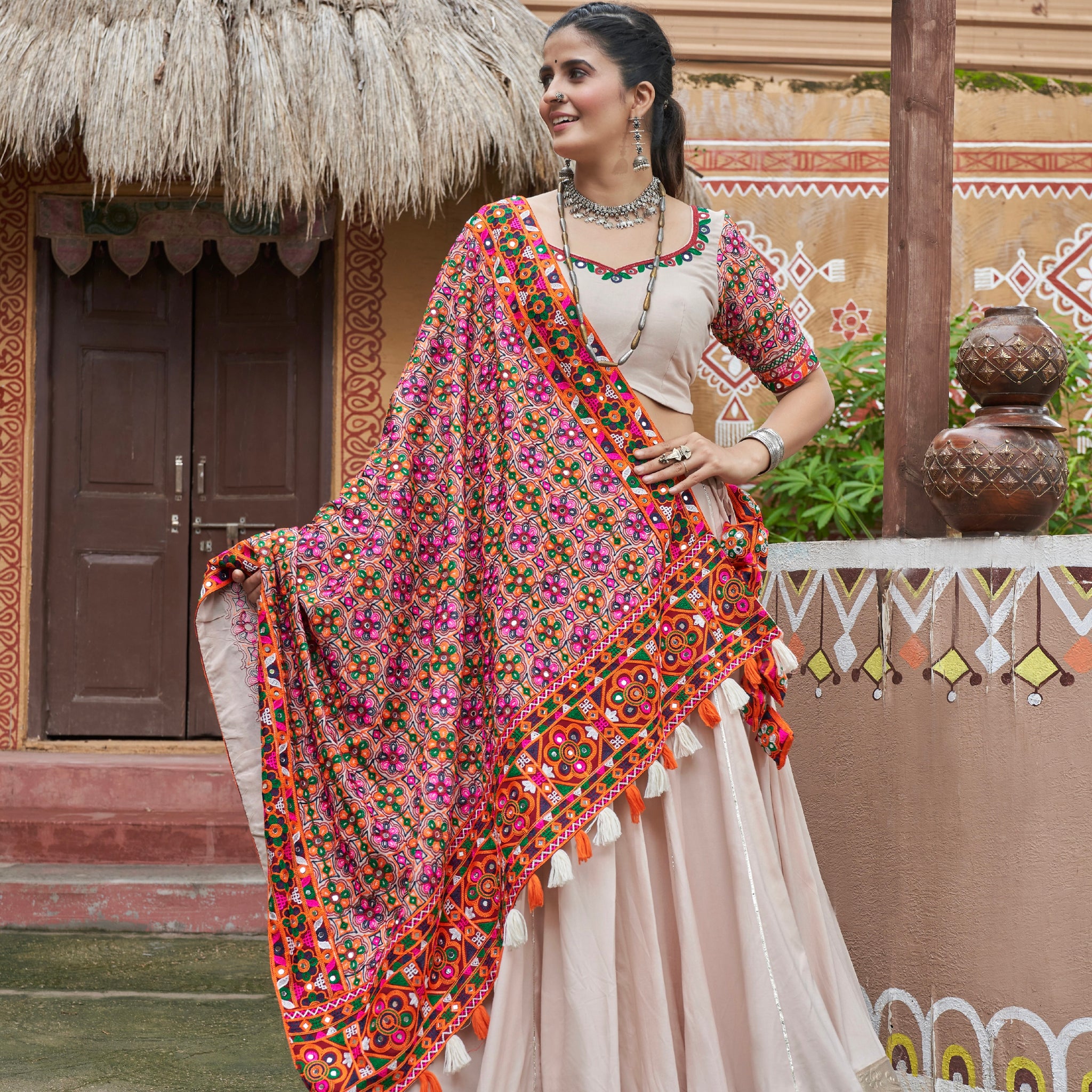 Beige Mirror Work Chaniya Choli with Viscose Rayon Dupatta for Navratri