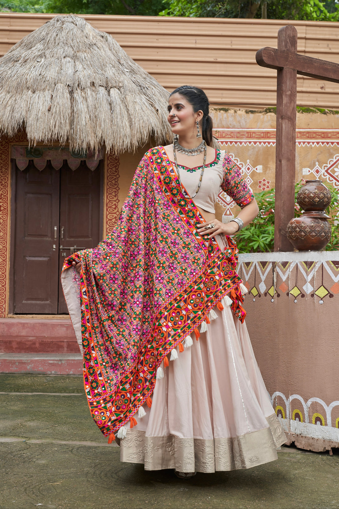 Beige Mirror Work Chaniya Choli with Viscose Rayon Dupatta for Navratri