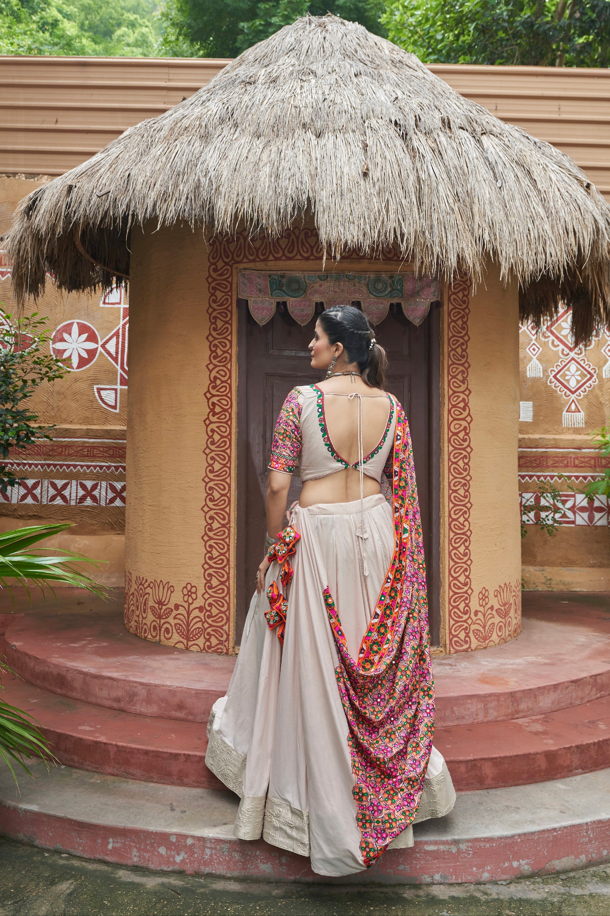 Beige Mirror Work Chaniya Choli with Viscose Rayon Dupatta for Navratri