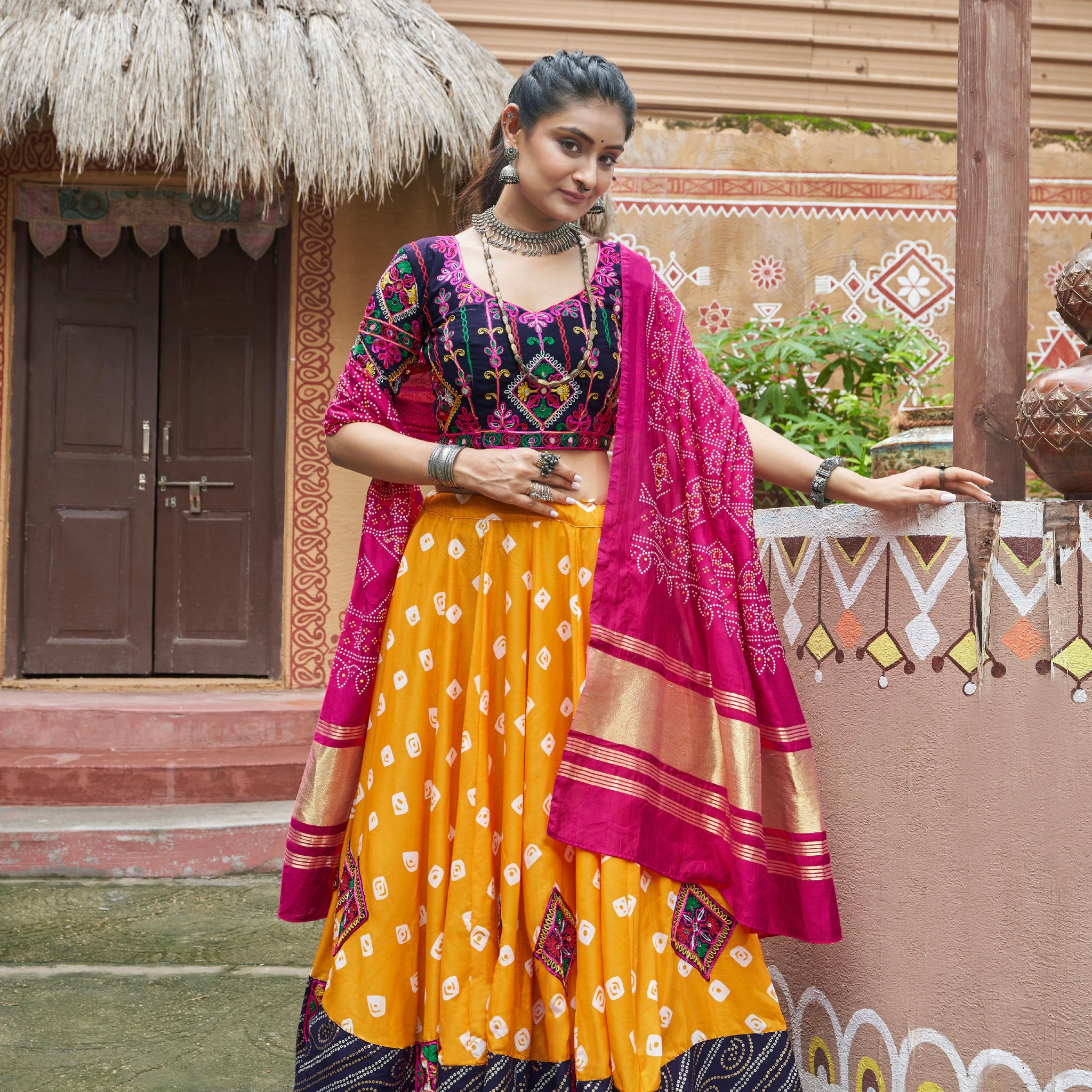 Yellow Mirror Work Chaniya Choli with Gajji Silk Dupatta for Navratri