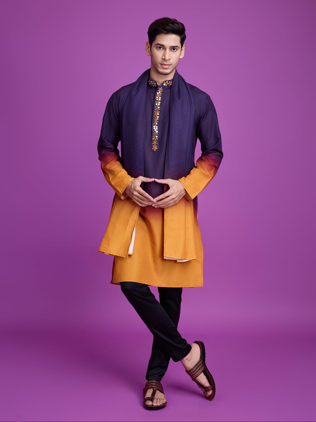 Purple & Mustard Kurta Dupatta Set with Hand Mirror Work