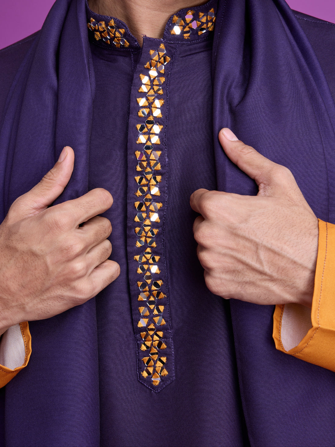 Purple & Mustard Kurta Dupatta Set with Hand Mirror Work