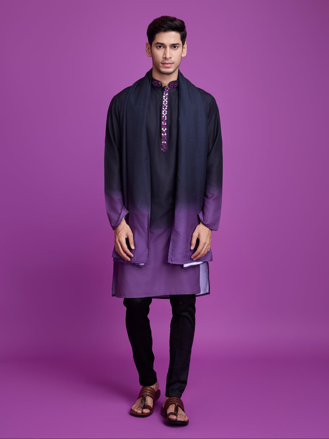 Black & Dusty Purple Kurta Dupatta Set with Hand Mirror Work