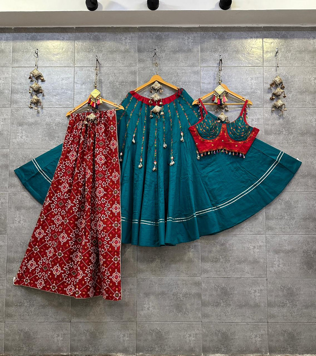 Blue & Red Jaam Cotton Silk Chaniya Choli with Green Gamthi Blouse for Navratri