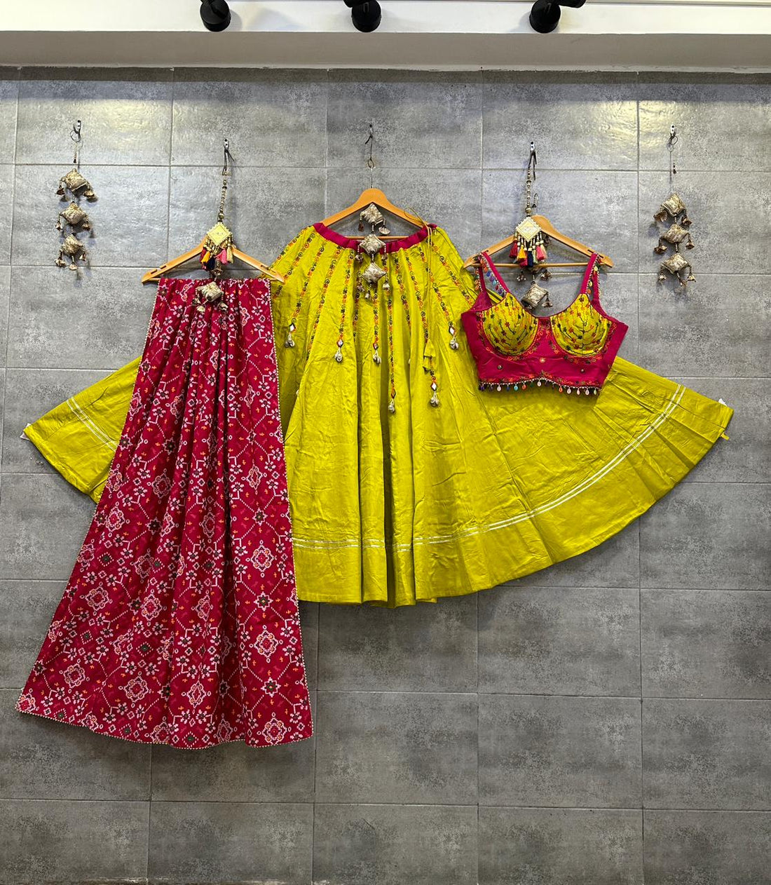 Yellow Jaam Cotton Silk Chaniya Choli with Red Gamthi Blouse for Navratri 