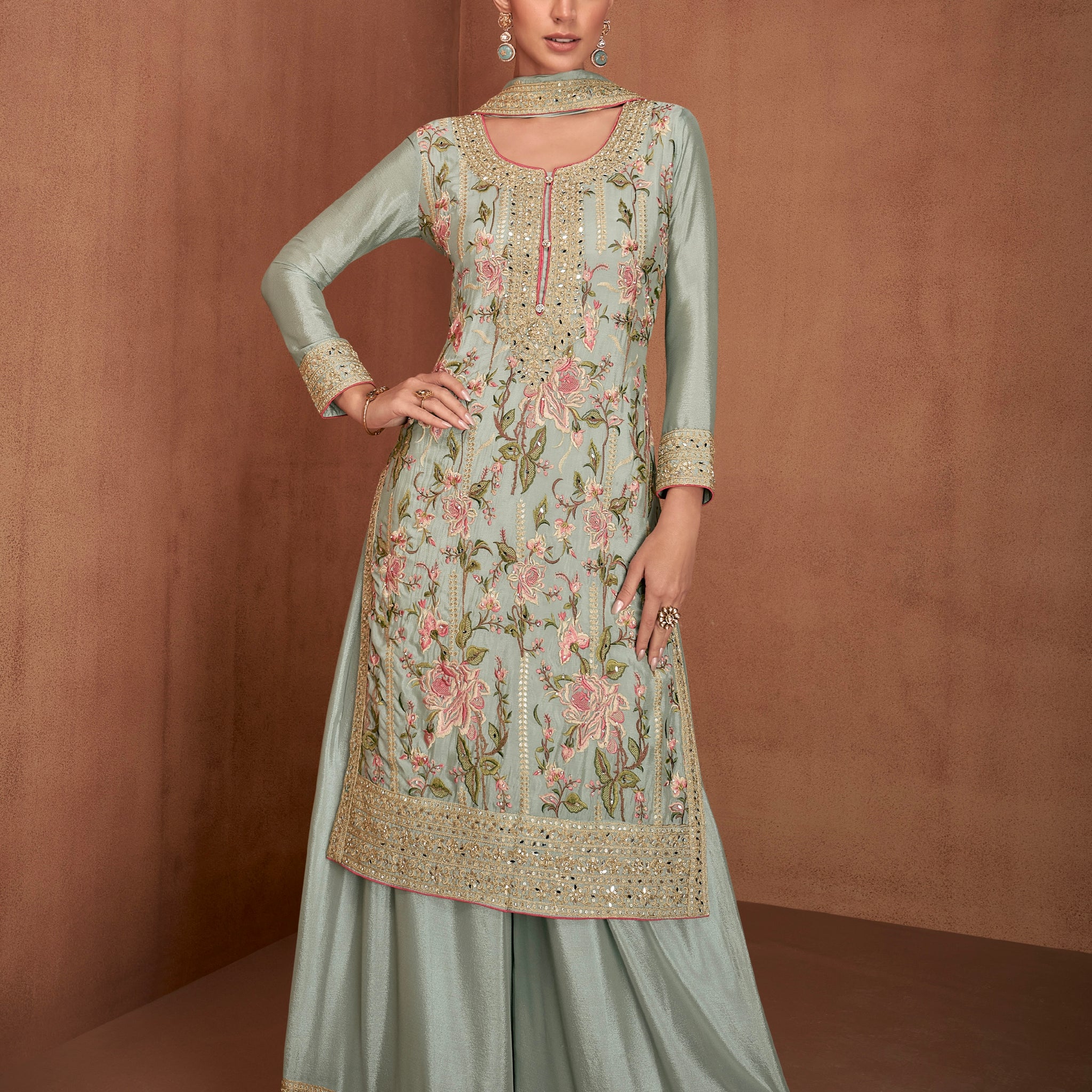 Pastel Green Real Chinon Palazzo Suit with Mirror Work