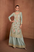 Pastel Green Real Chinon Palazzo Suit with Mirror Work