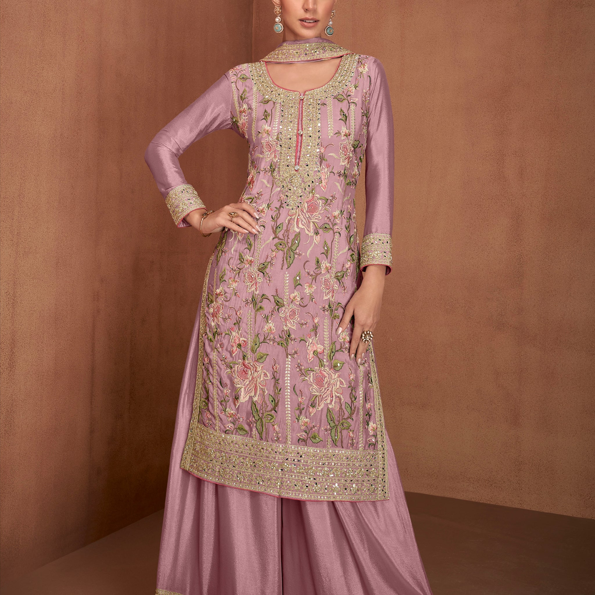 Mauve Real Chinon Palazzo Suit with Embroidery & Mirror Work