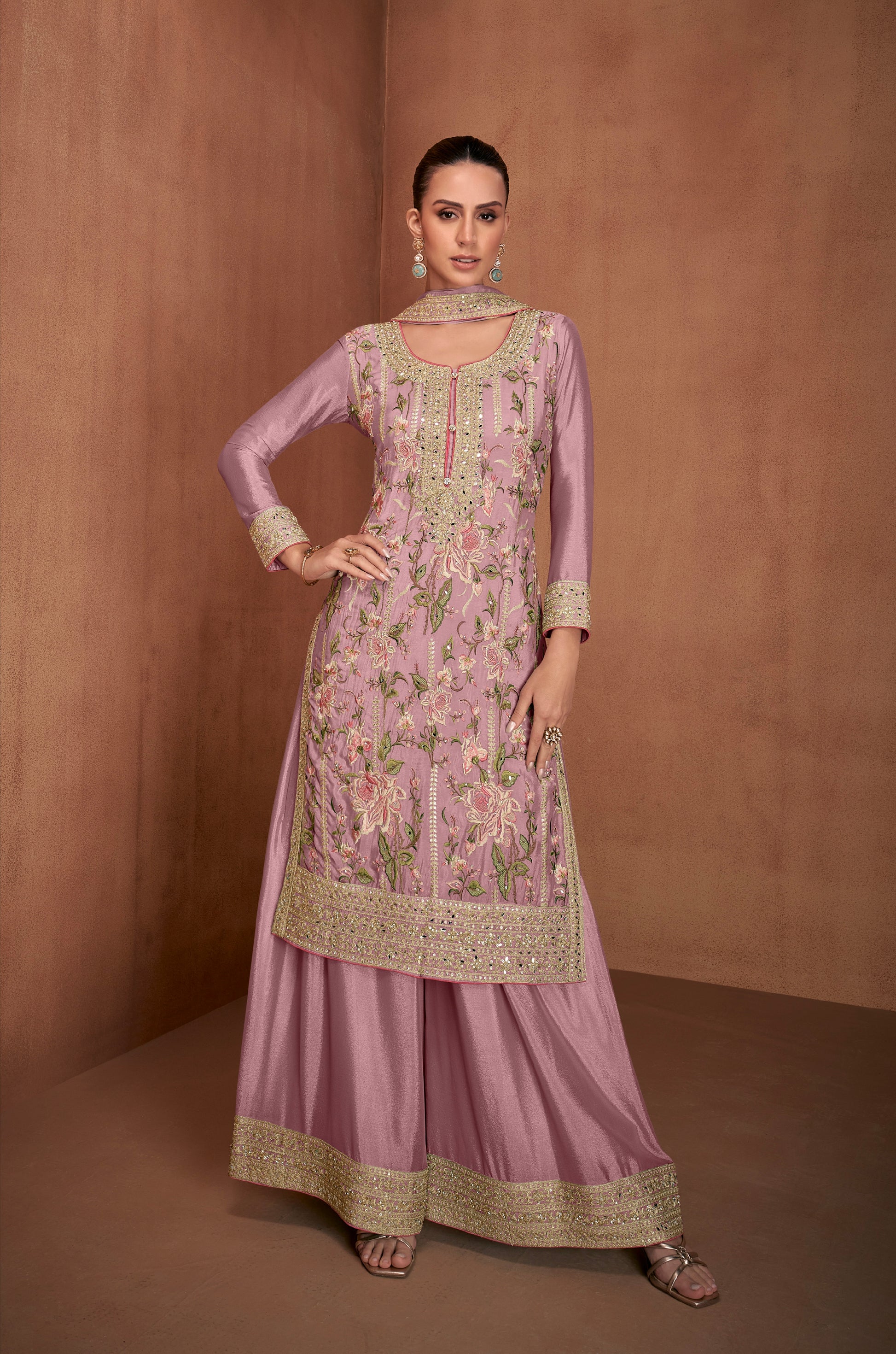 Mauve Real Chinon Palazzo Suit with Embroidery & Mirror Work