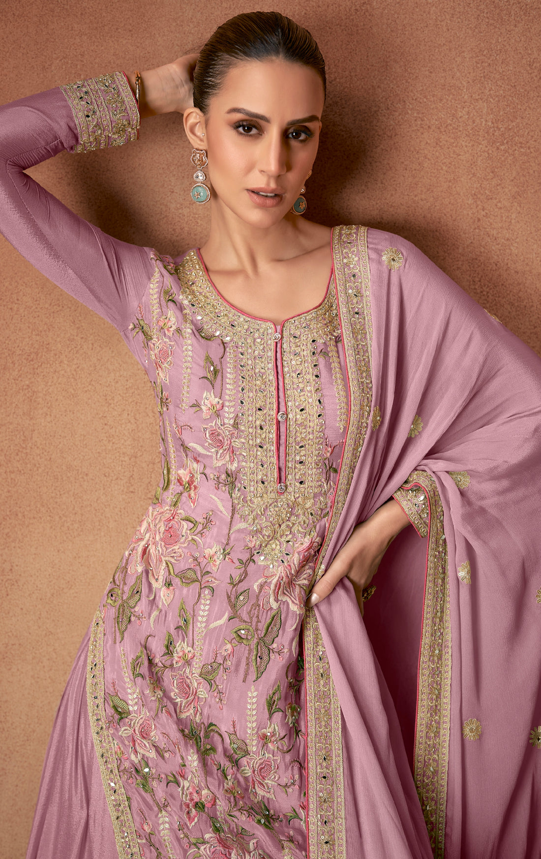 Mauve Real Chinon Palazzo Suit with Embroidery & Mirror Work