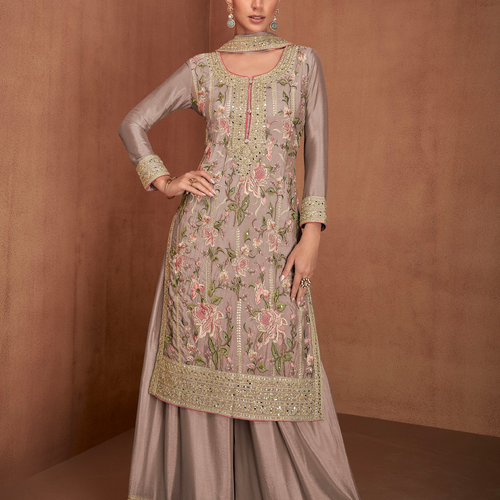 Taupe Grey Real Chinon Palazzo Suit with Mirror & Embroidery Work