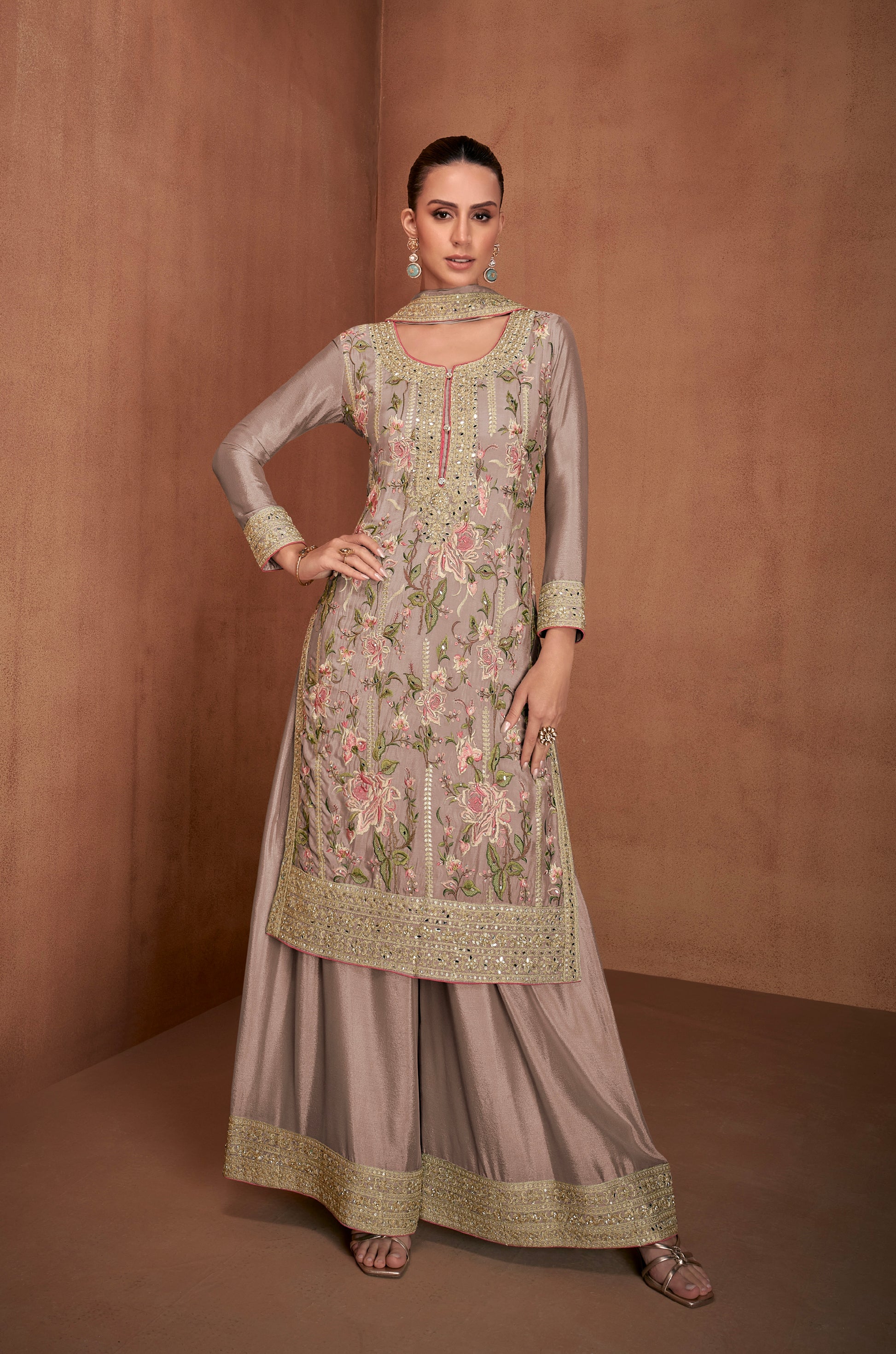 Taupe Grey Real Chinon Palazzo Suit with Mirror & Embroidery Work