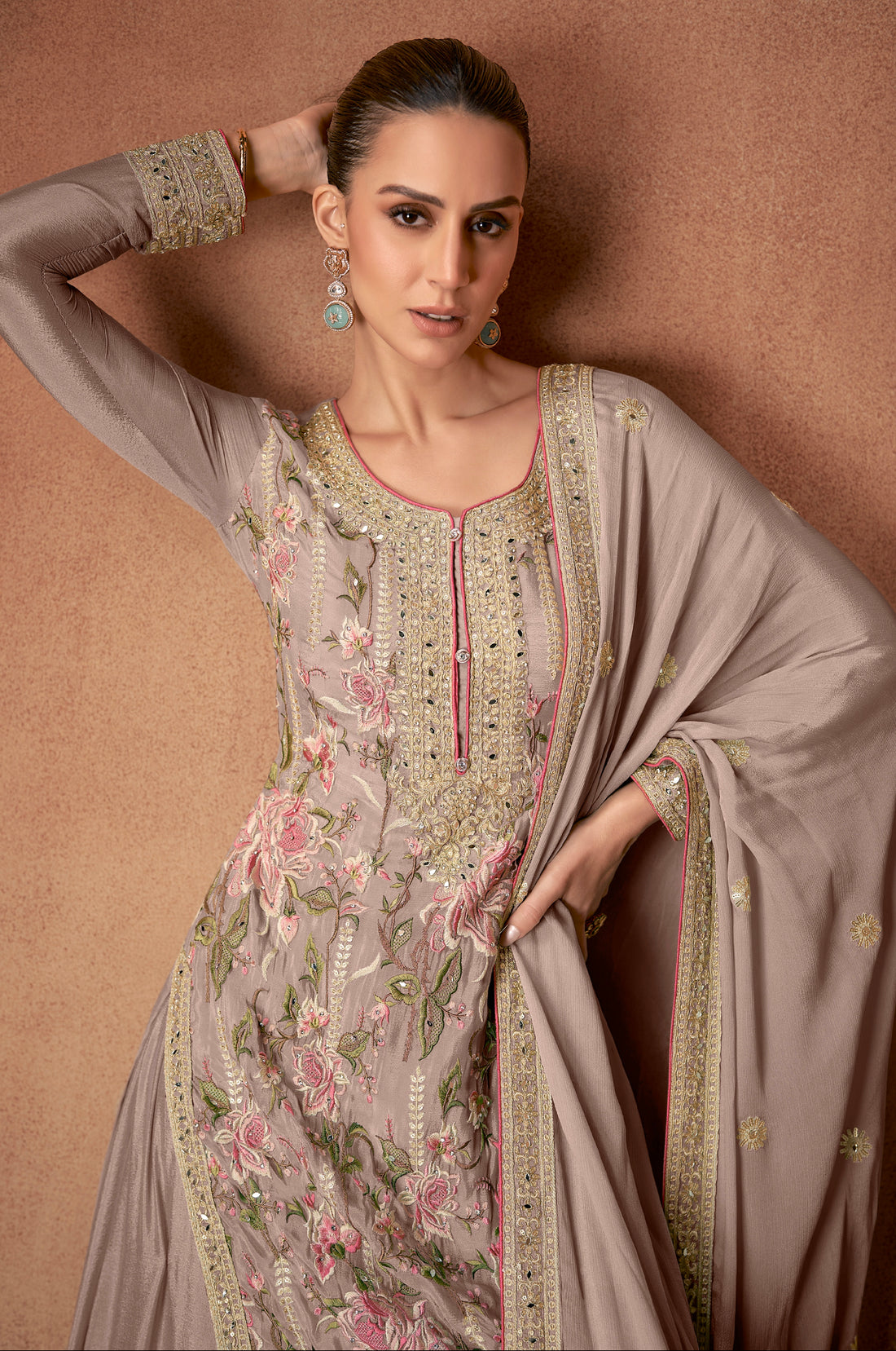 Taupe Grey Real Chinon Palazzo Suit with Mirror & Embroidery Work