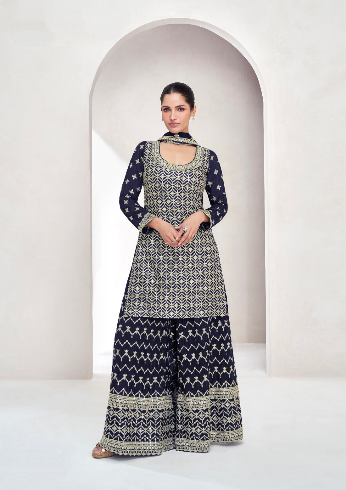 Navy Blue Chinnon Silk Palazzo Suit with Embroidered Dupatta