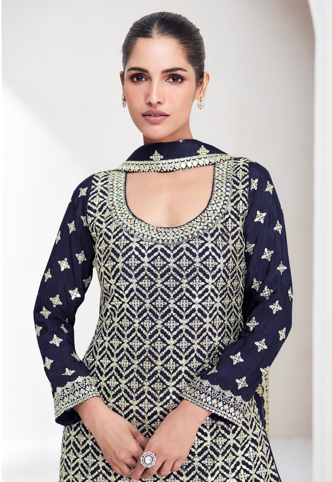 Navy Blue Chinnon Silk Palazzo Suit with Embroidered Dupatta