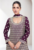 Maroon Chinnon Silk Palazzo Suit with Embroidered Dupatta