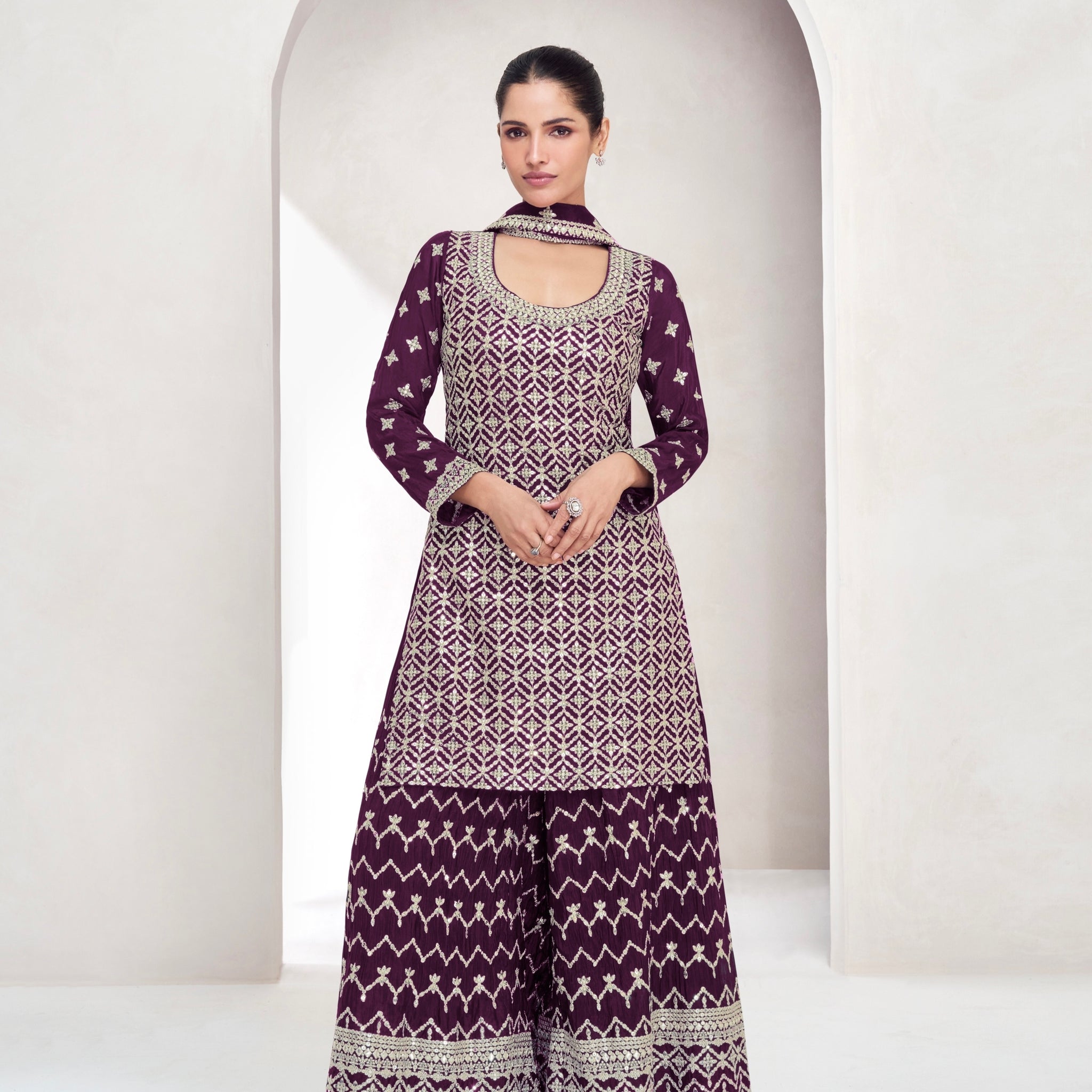 Maroon Chinnon Silk Palazzo Suit with Embroidered Dupatta