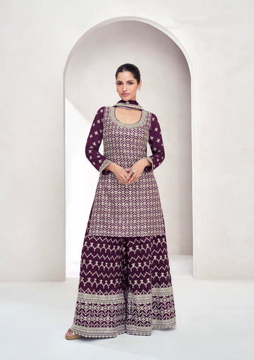 Maroon Chinnon Silk Palazzo Suit with Embroidered Dupatta