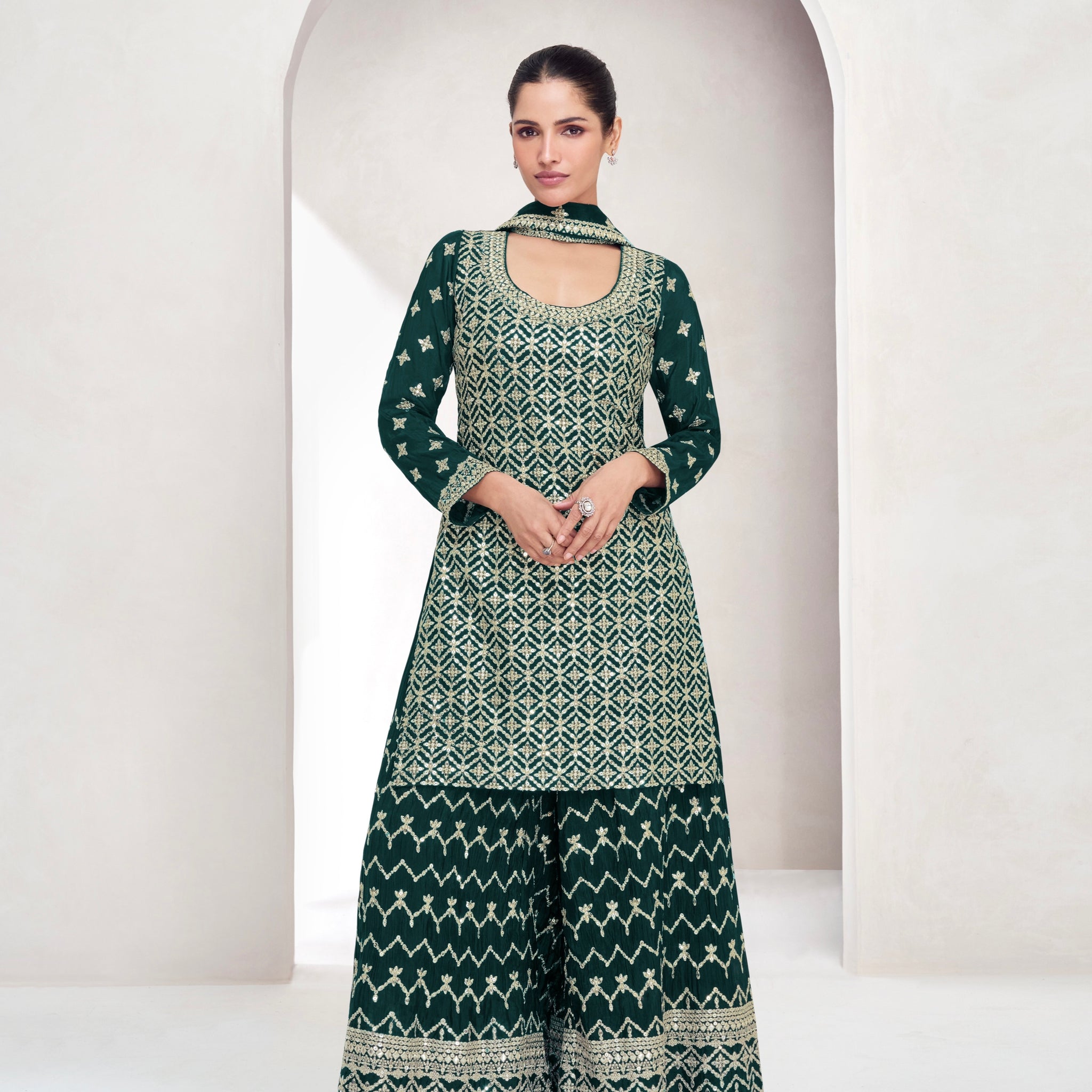 Green Chinnon Silk Palazzo Suit with Embroidered Dupatta