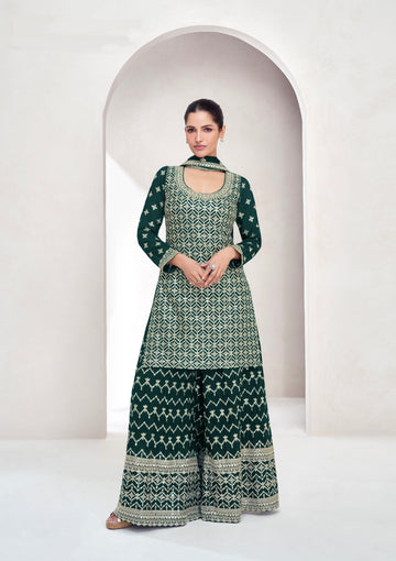 Green Chinnon Silk Palazzo Suit with Embroidered Dupatta