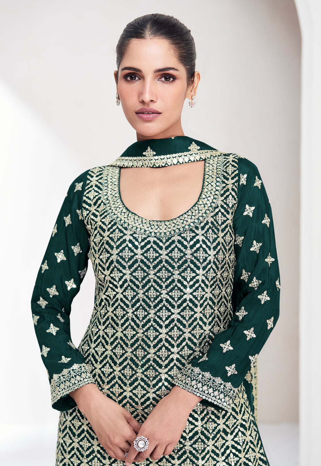 Green Chinnon Silk Palazzo Suit with Embroidered Dupatta