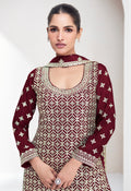 Wine Red Chinnon Silk Palazzo Suit with Embroidered Dupatta