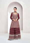 Wine Red Chinnon Silk Palazzo Suit with Embroidered Dupatta