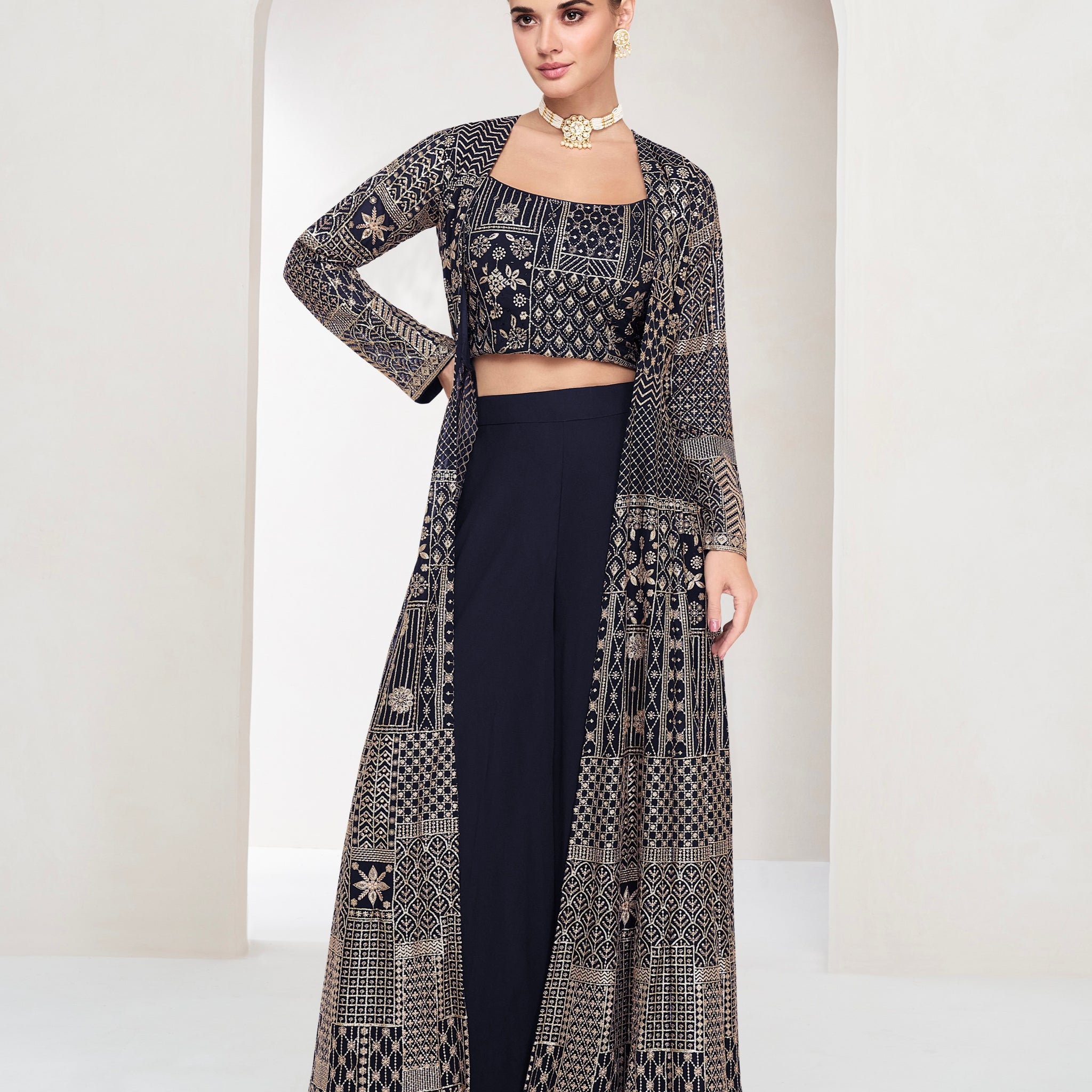 Navy Blue Real Georgette Palazzo Set with Long Jacket