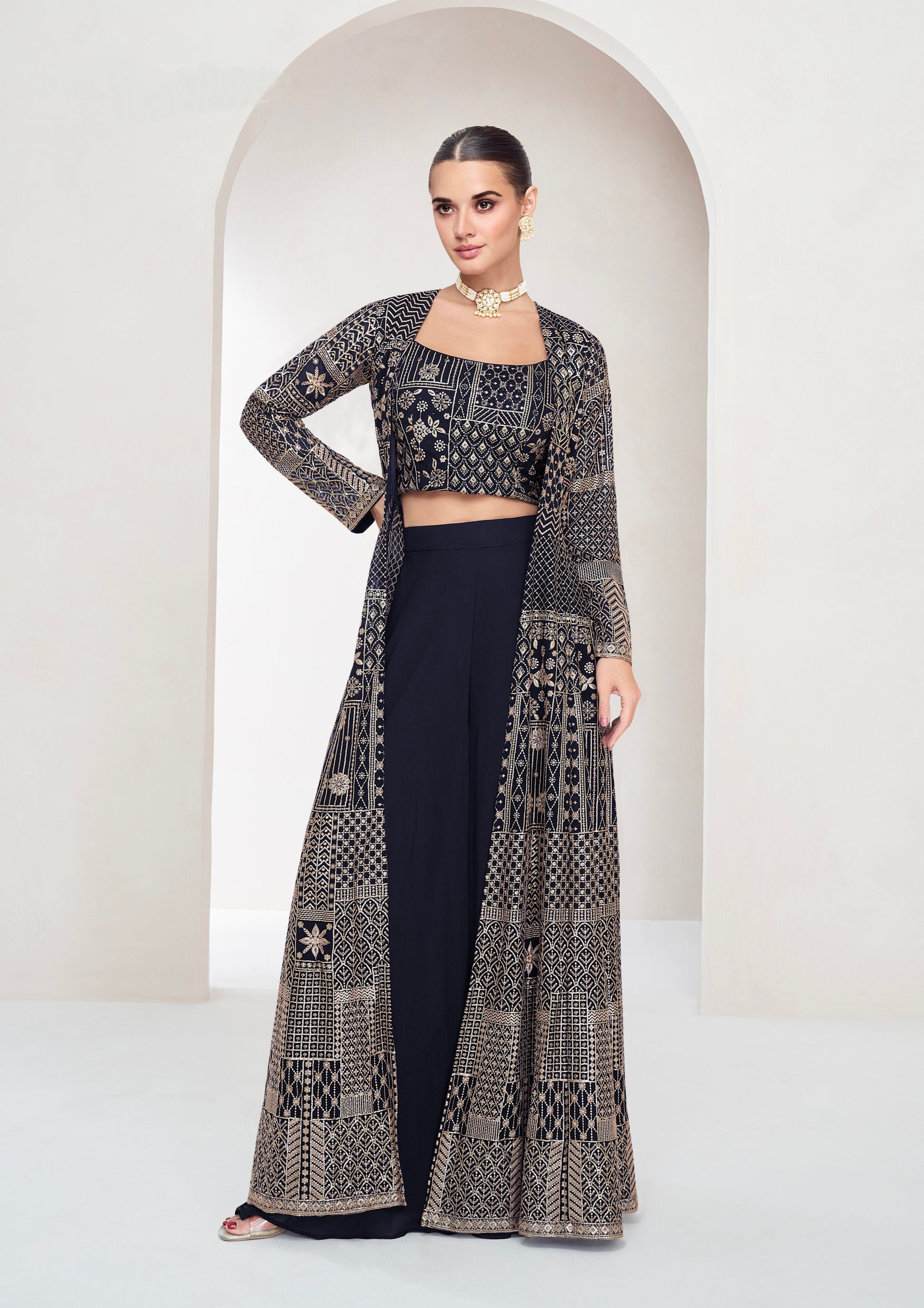 Navy Blue Real Georgette Palazzo Set with Long Jacket