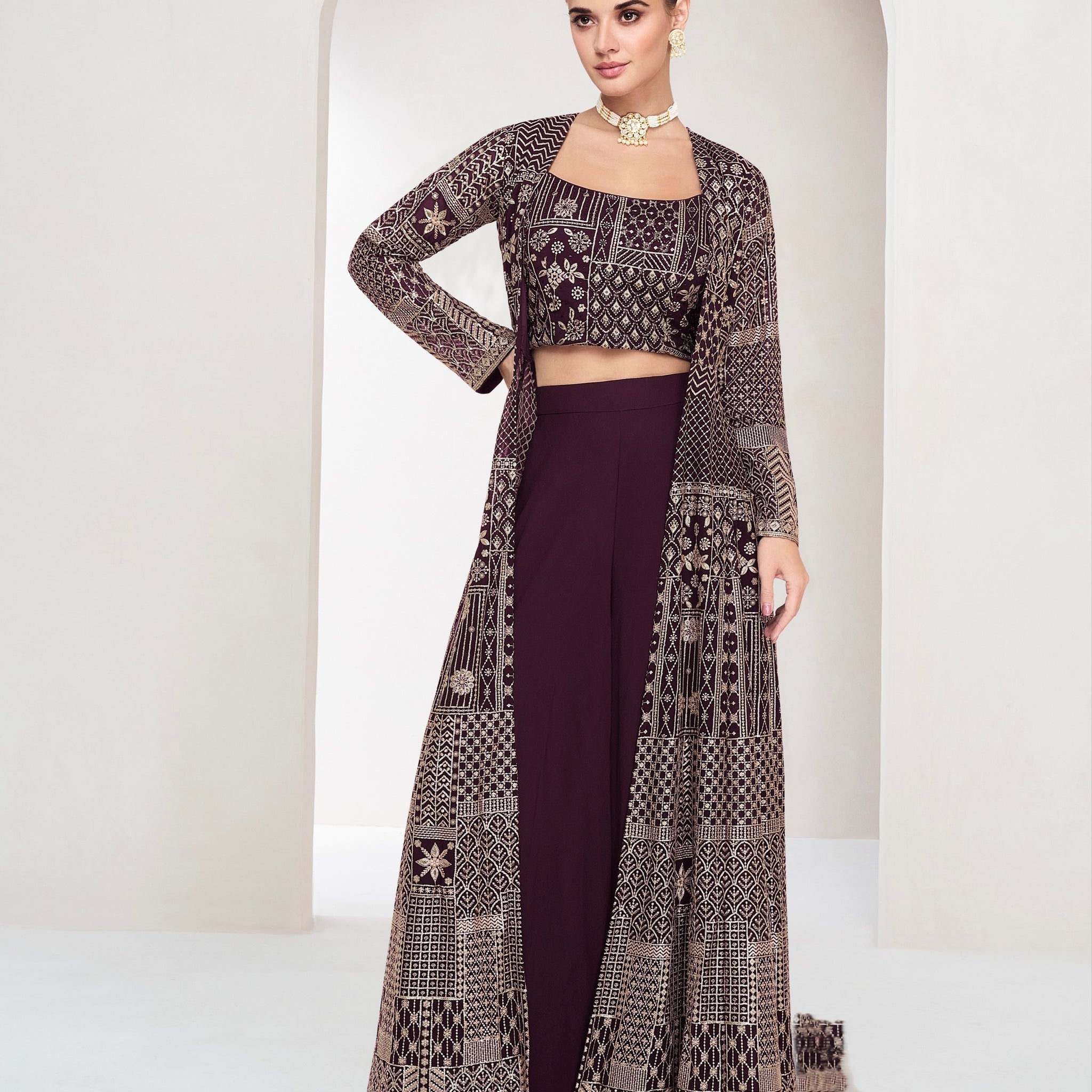 Maroon Real Georgette Palazzo Set with Embroidered Jacket