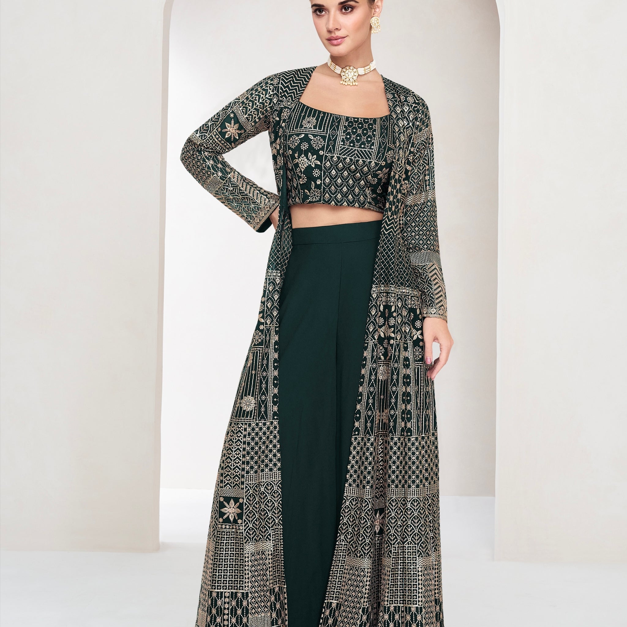 Green Real Georgette Palazzo Set with Embroidered Long Jacket