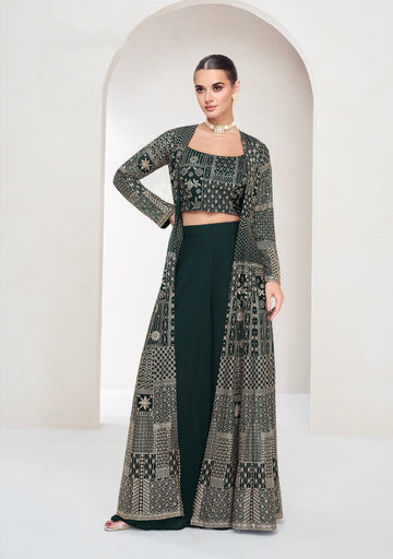 Green Real Georgette Palazzo Set with Embroidered Long Jacket